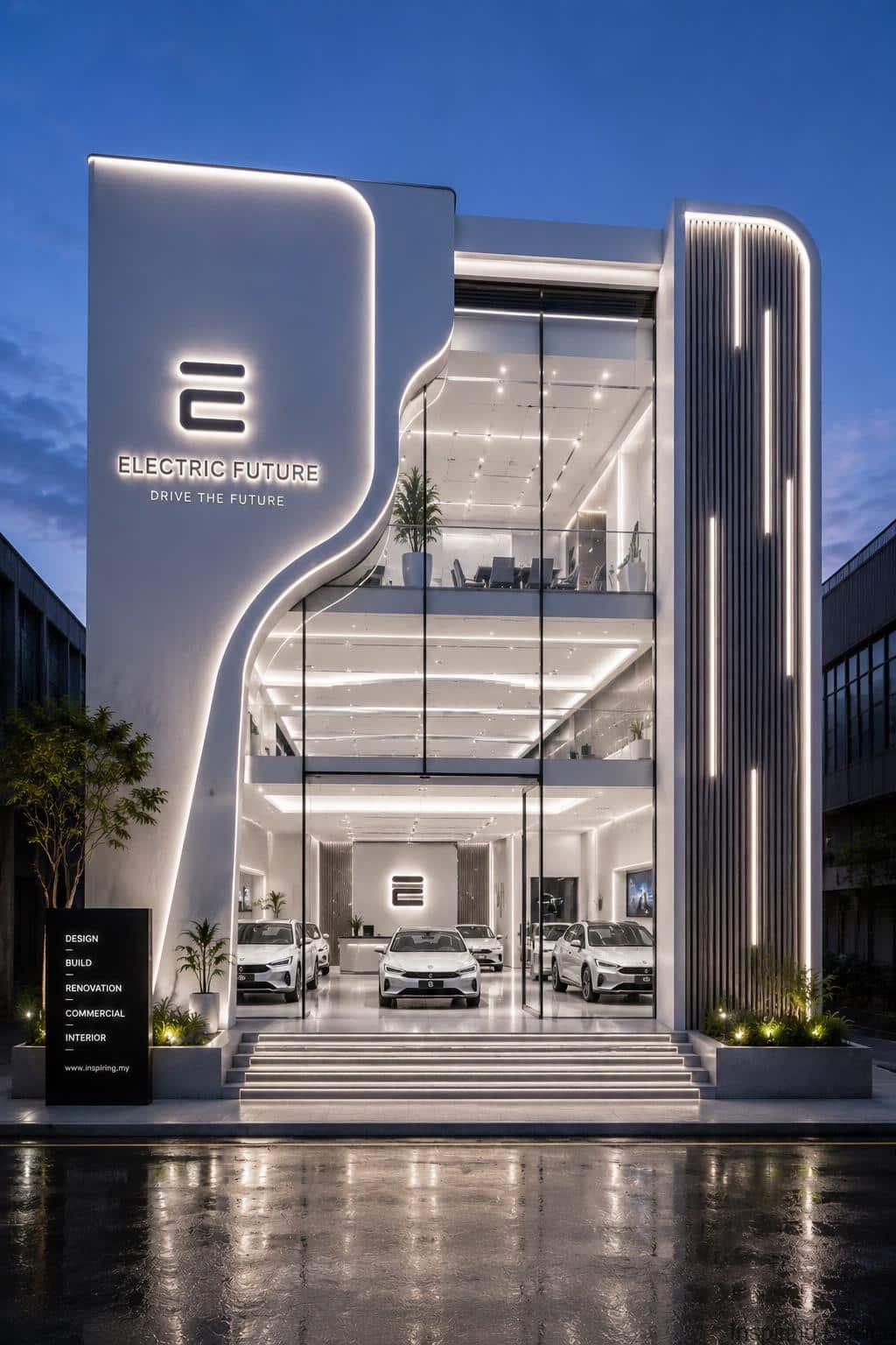 EV car showroom exterior renovation concept
